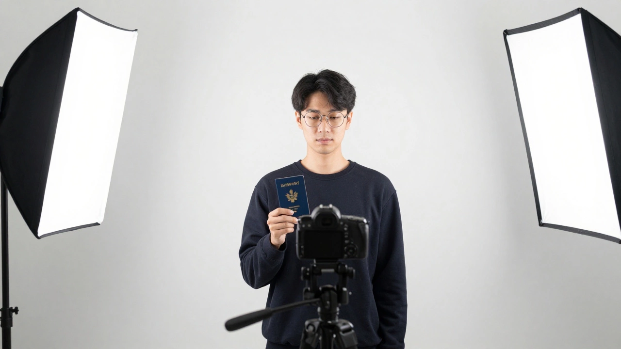 Person posing for passport photo with professional lighting setup