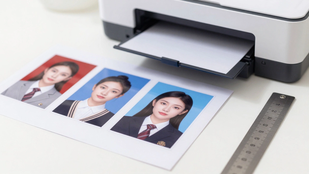 Printed passport photos on glossy paper being measured with a ruler