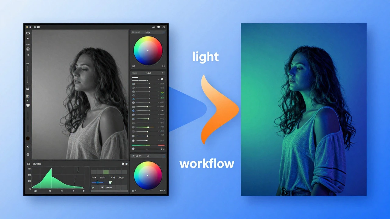 Split image showing raw vs edited photo with color grading tools