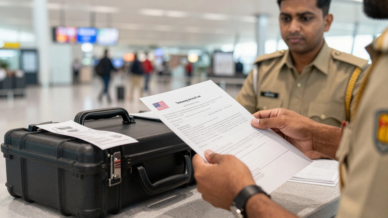 Traveler declaring drone and documents at airport customs