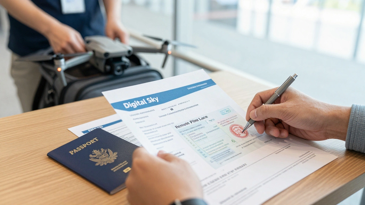 Traveler organizing drone permits and passport at airport