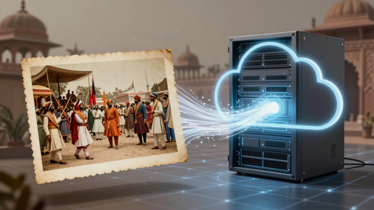 Artistic depiction of historical photos being digitized into a modern data stream