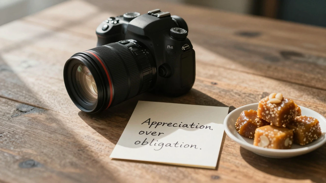 Camera lens, thank you note, and Indian sweets on a wooden table