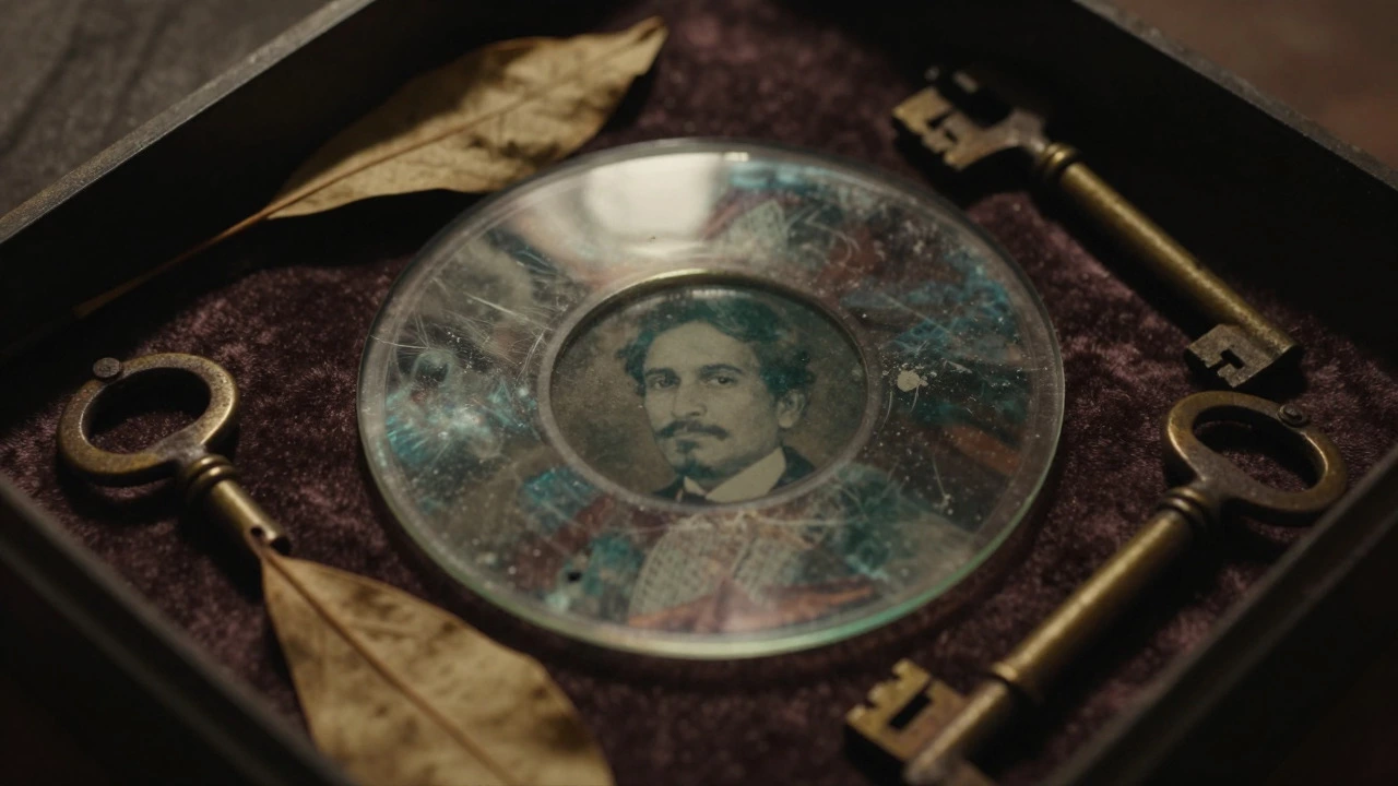 Close-up of a fragile glass plate negative with a faint reflected portrait in an archive