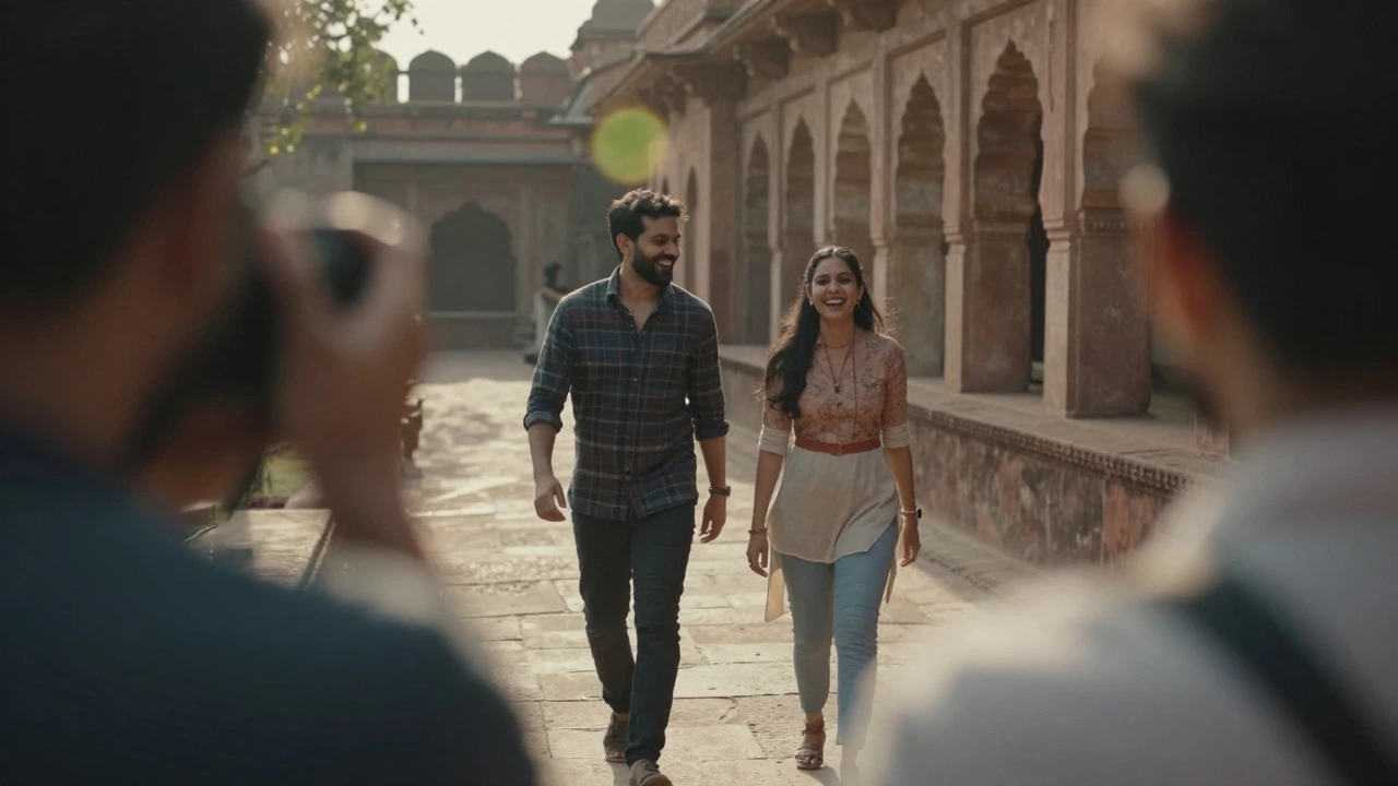 Couple laughing and walking naturally during a candid photoshoot