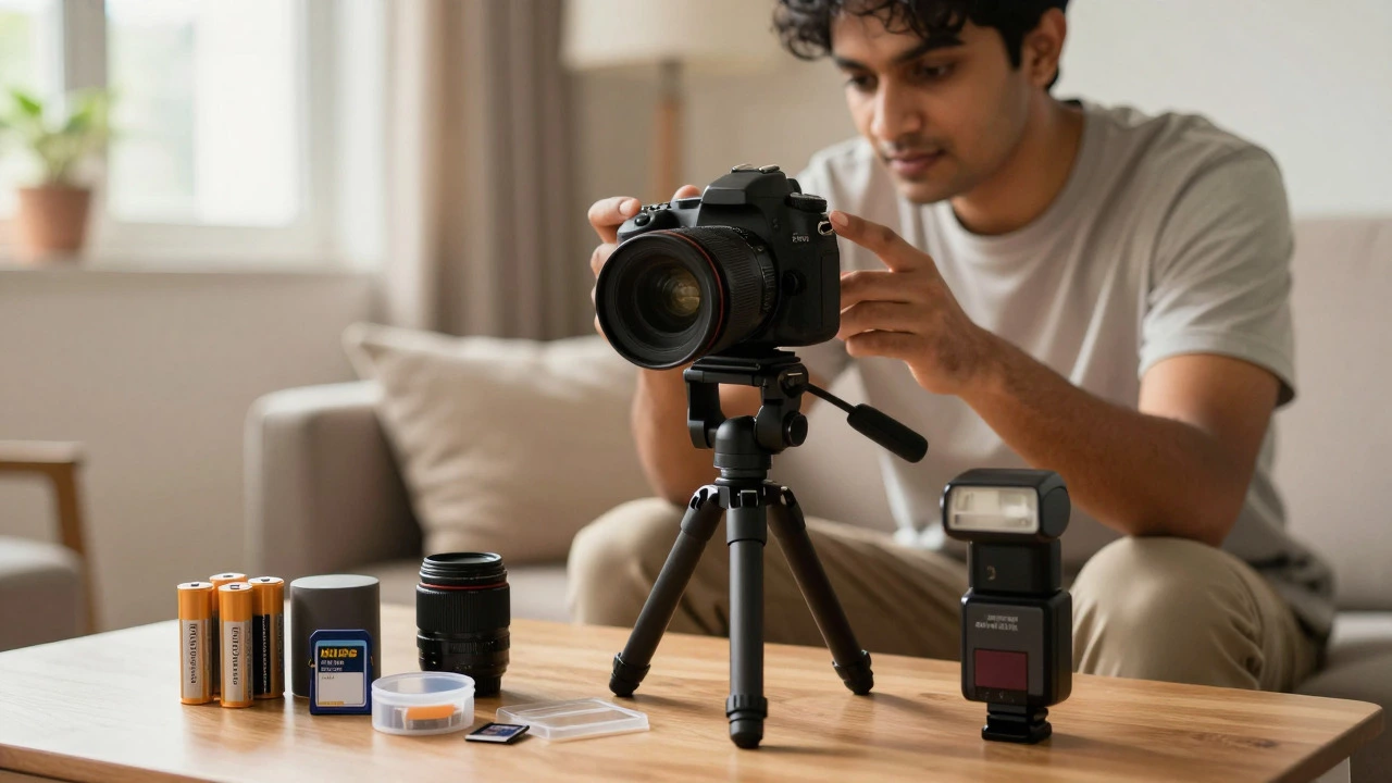 DSLR camera with accessories like batteries and lenses