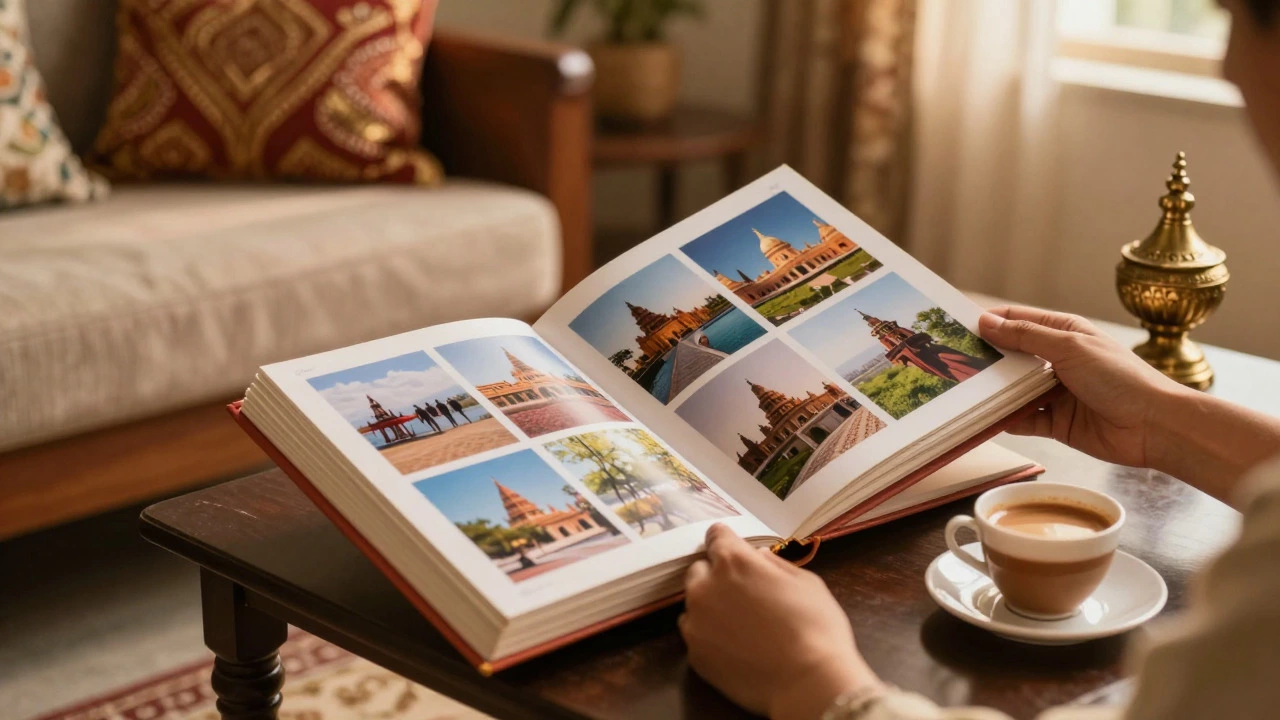 Hand holding a photo album in a cozy Indian living room setting with warm lighting.
