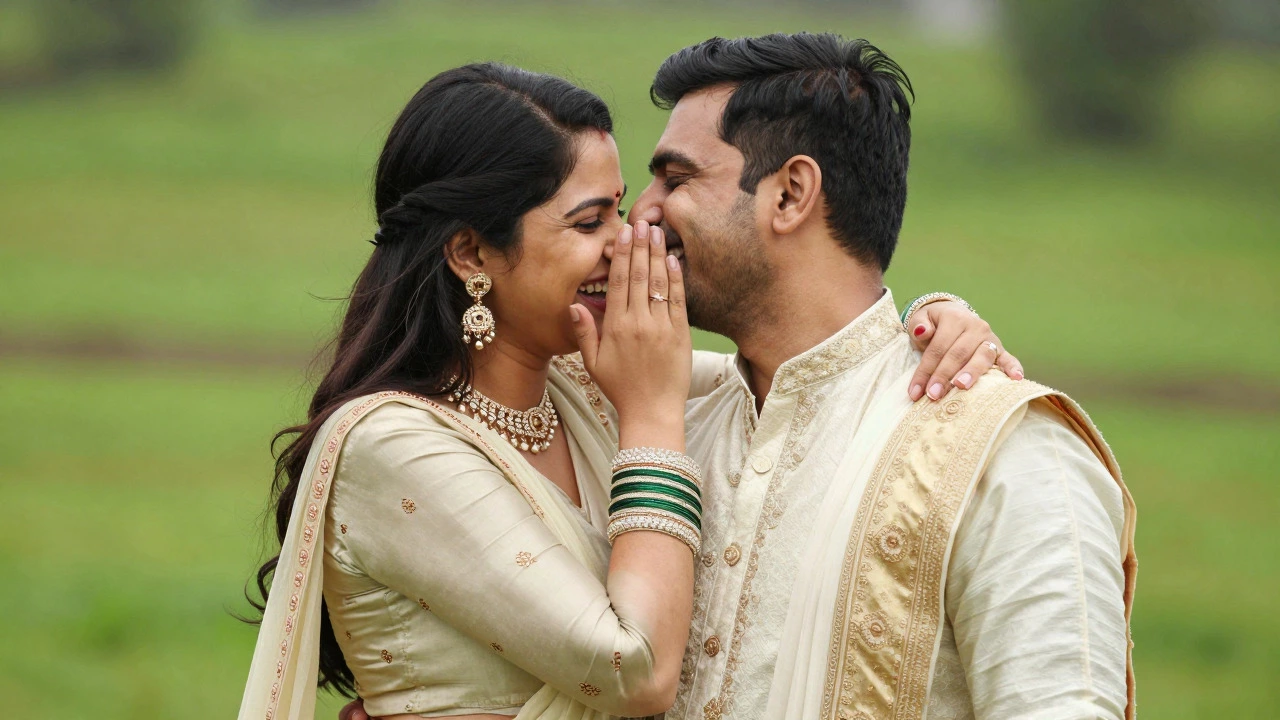 Happy couple sharing an intimate, genuine moment in traditional wear