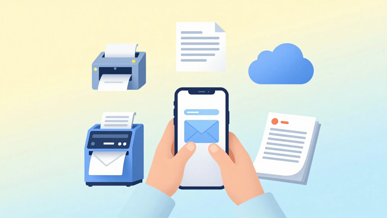 Illustration of smartphone with icons for various print services