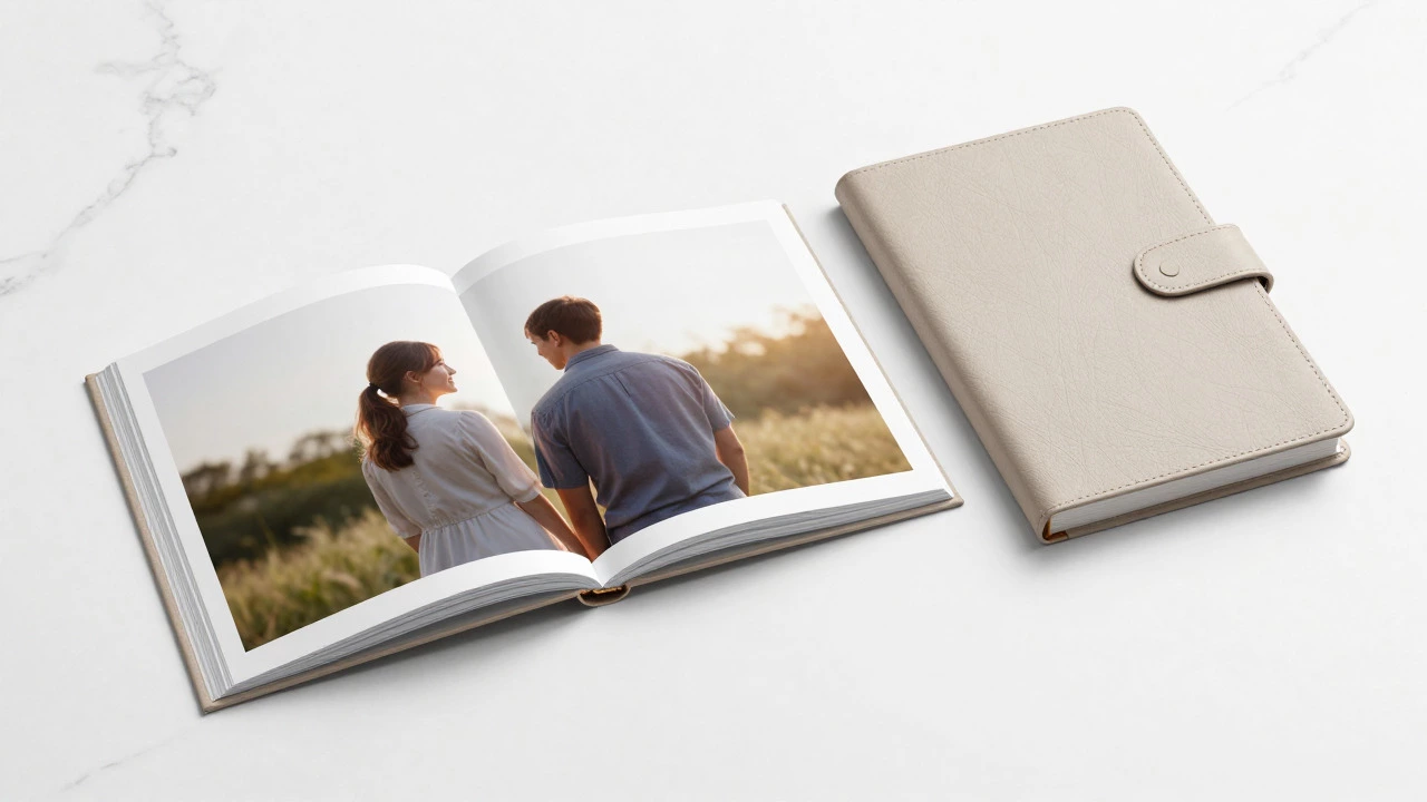 Open lay-flat photo book showing seamless panoramic spread and sturdy binding detail.