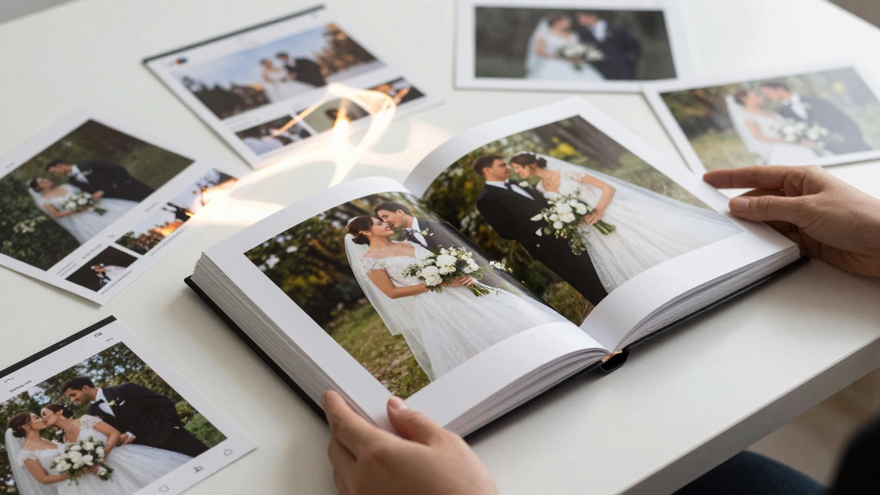 Open wedding album surrounded by prints and abstract light effects representing digital delivery