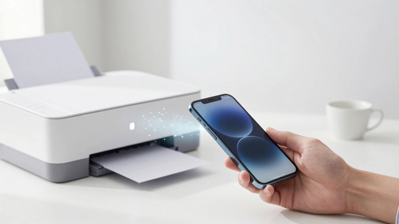 Smartphone wirelessly connecting to a printer via light beam