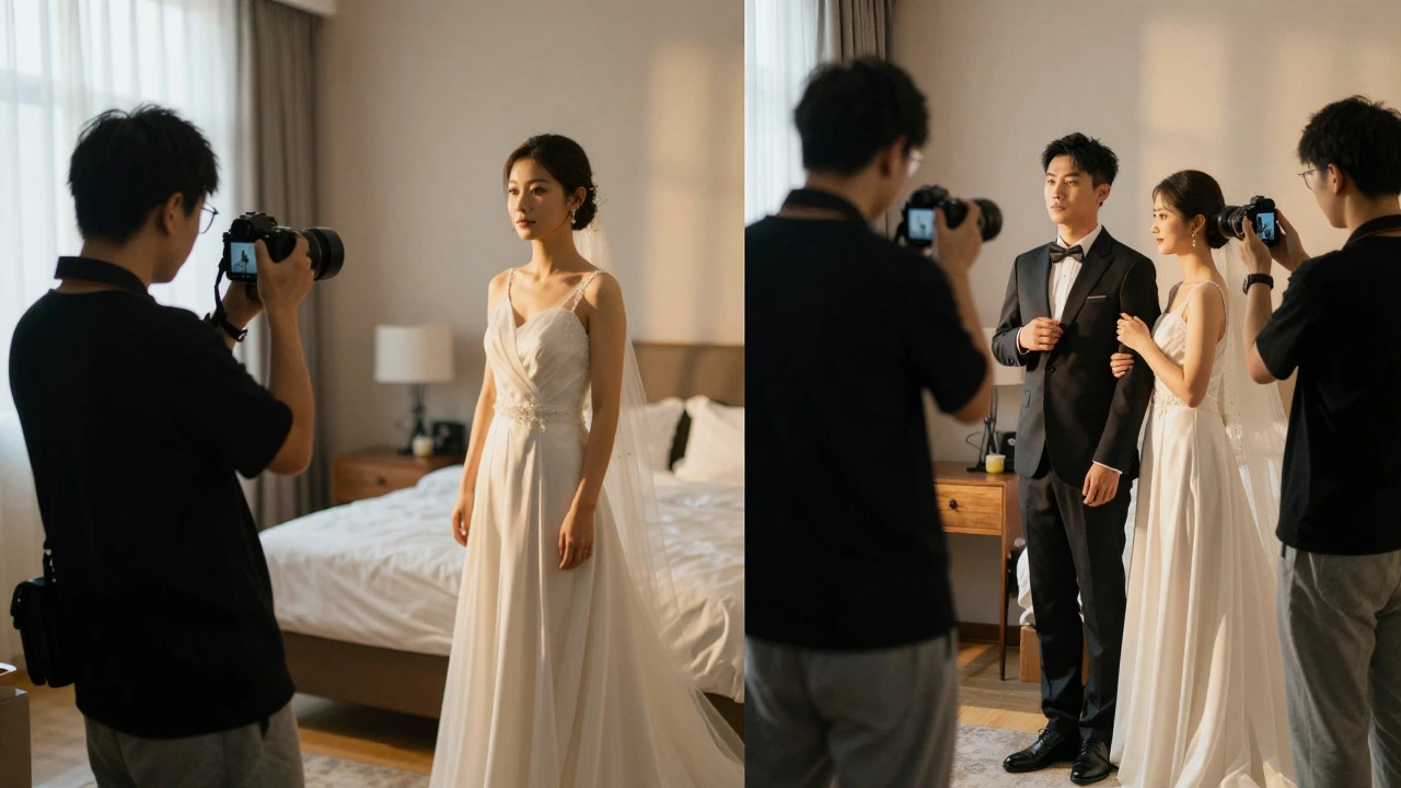Two photographers capturing different wedding moments simultaneously to show multi-shooter benefits