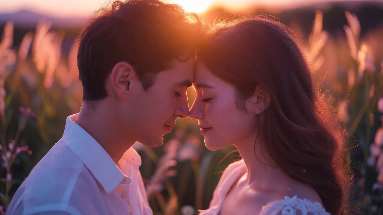 Close-up of couple touching foreheads during golden hour