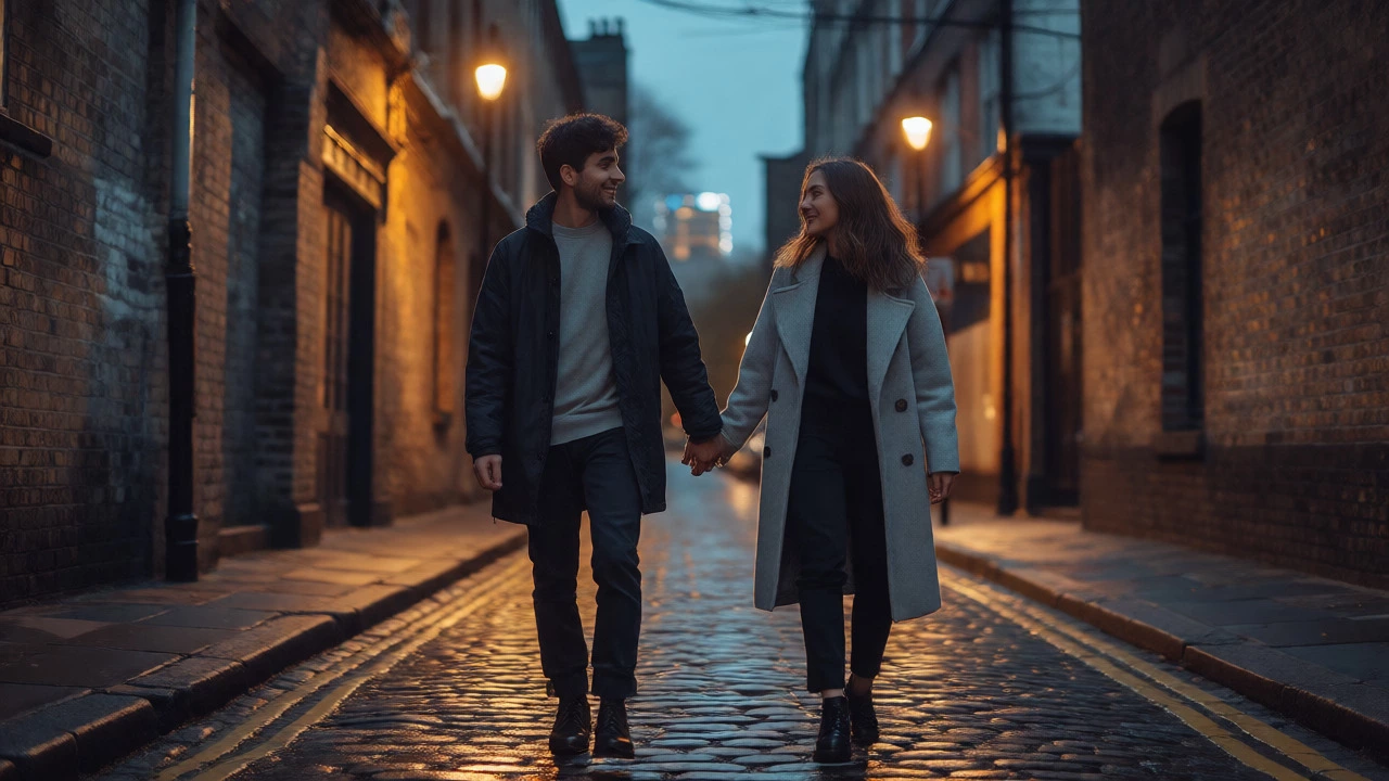 Couple walking hand-in-hand on a rainy urban street at dusk