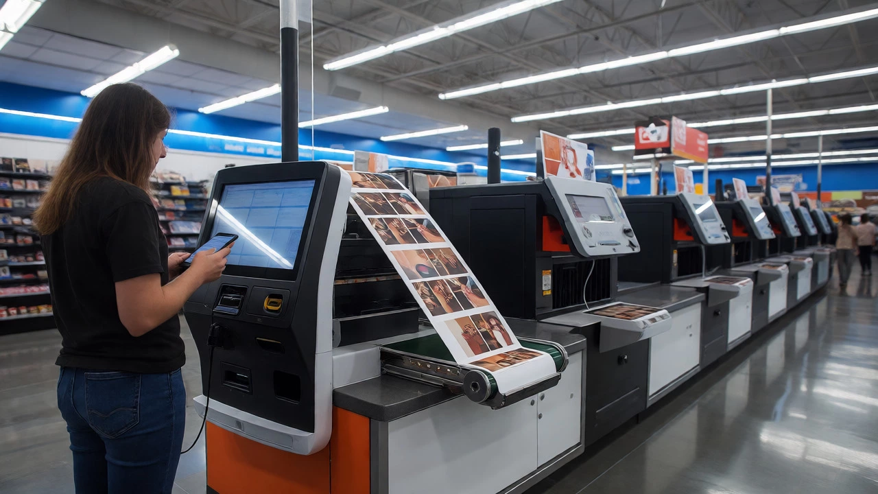 Customer using a self-service photo kiosk inside a Walmart store with printers behind the counter.