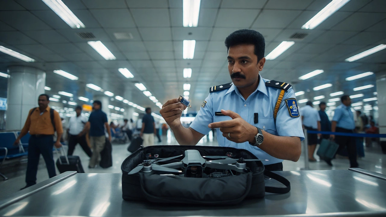 Customs officer inspecting a drone and batteries at an Indian airport counter