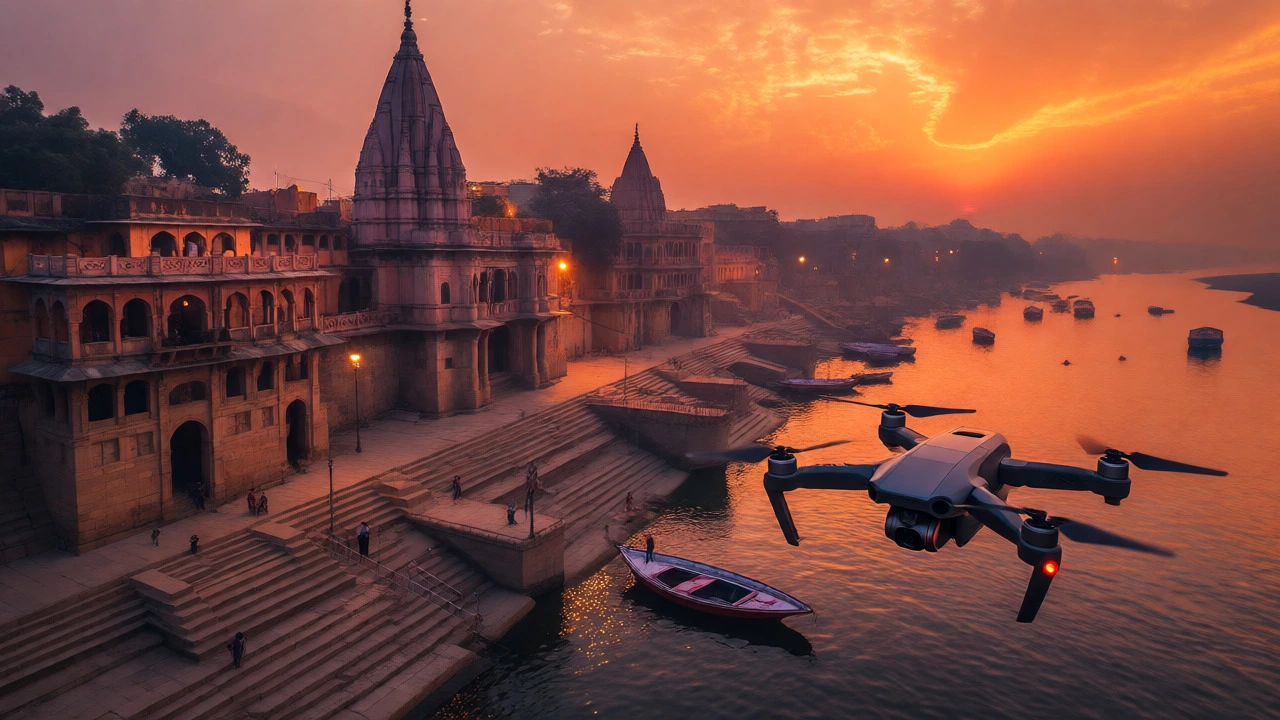 Drone flying over Varanasi ghats and temples during a vibrant sunset