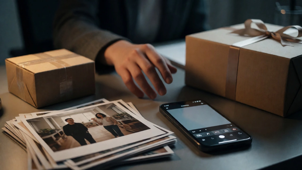 Hands choosing between a small local pickup box and a large shipped gift box