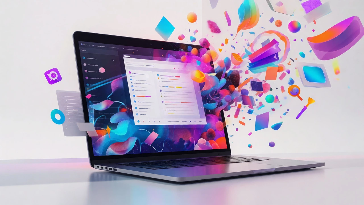 Laptop with colorful digital art elements bursting from the screen