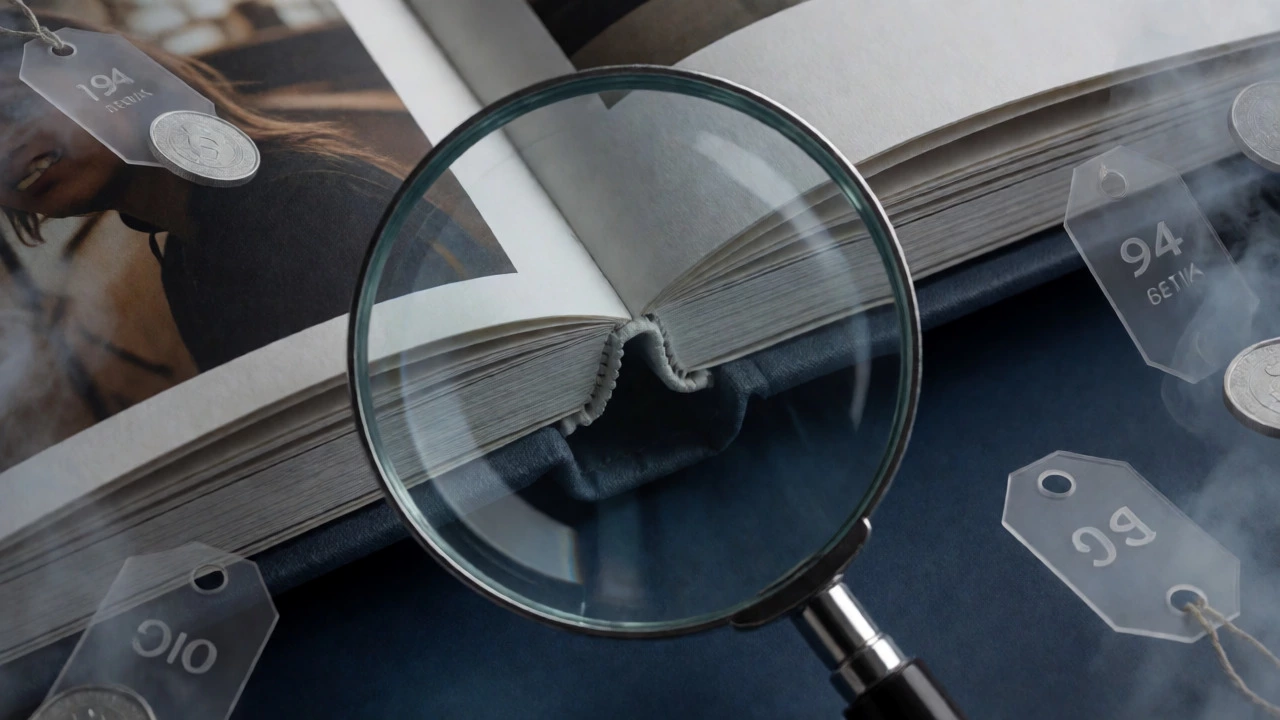 Magnifying glass inspecting photo book binding quality and hidden cost concepts