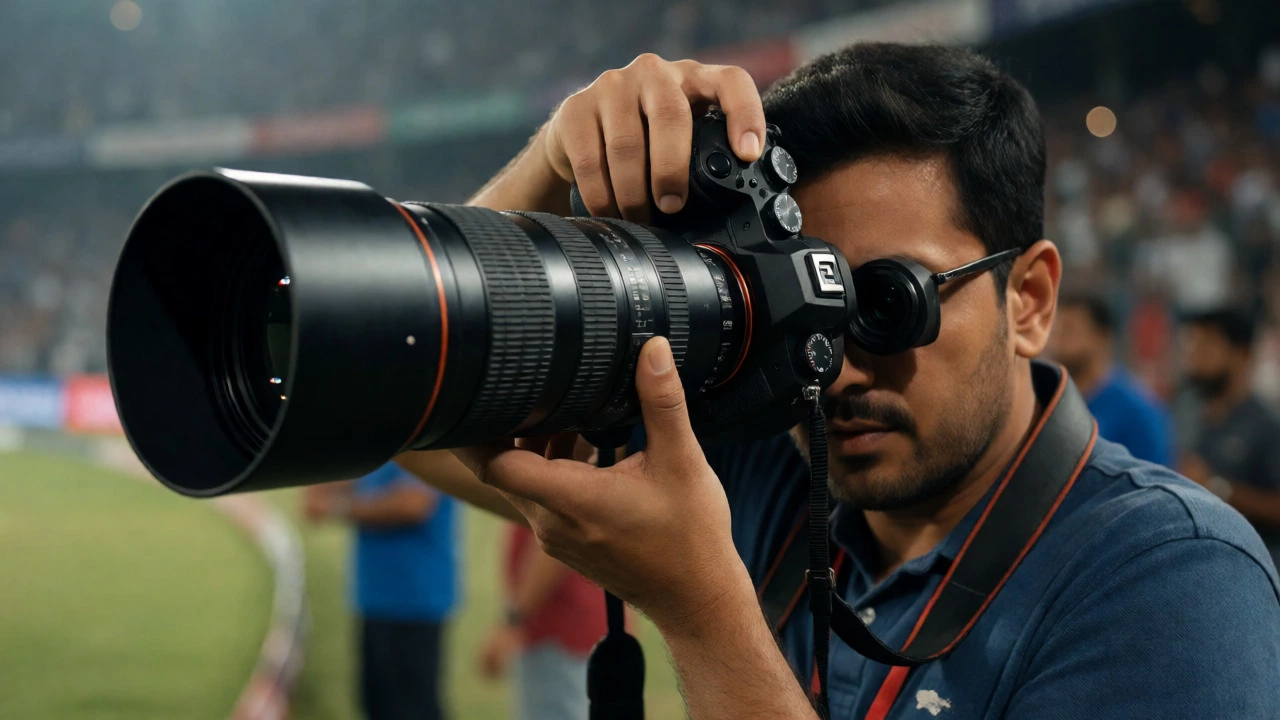 Photographer using mirrorless camera with telephoto lens at a cricket match