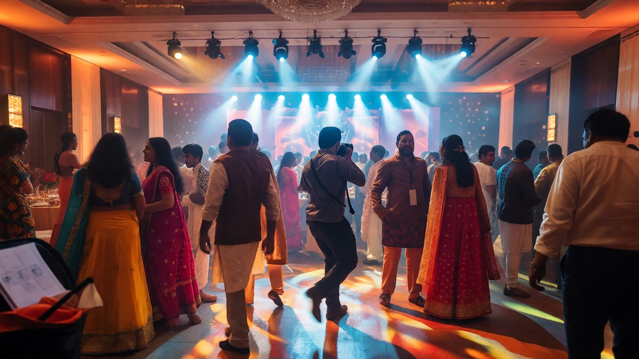 Photographer working at a busy Indian corporate event or wedding reception.