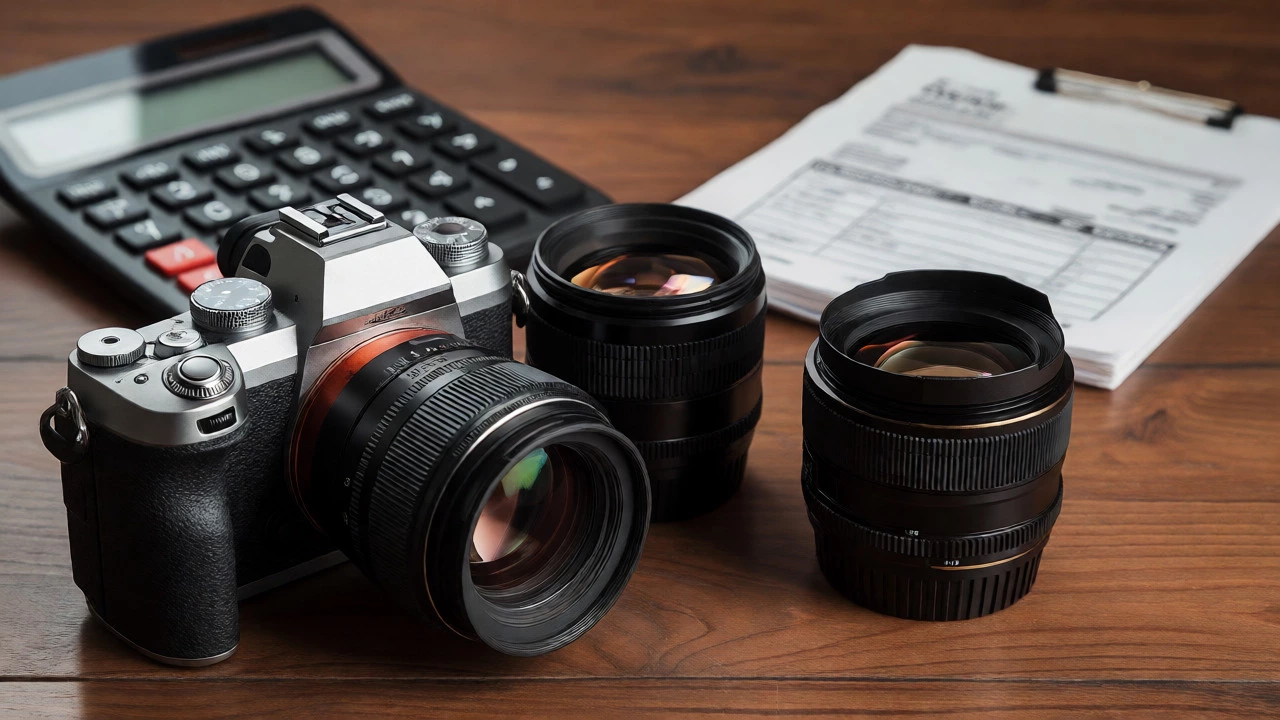 Professional camera gear on a table with a calculator, representing business expenses.