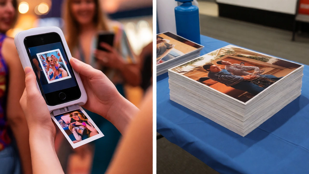 Split view showing instant pocket printer use at a party versus a stack of high-quality printed photos.