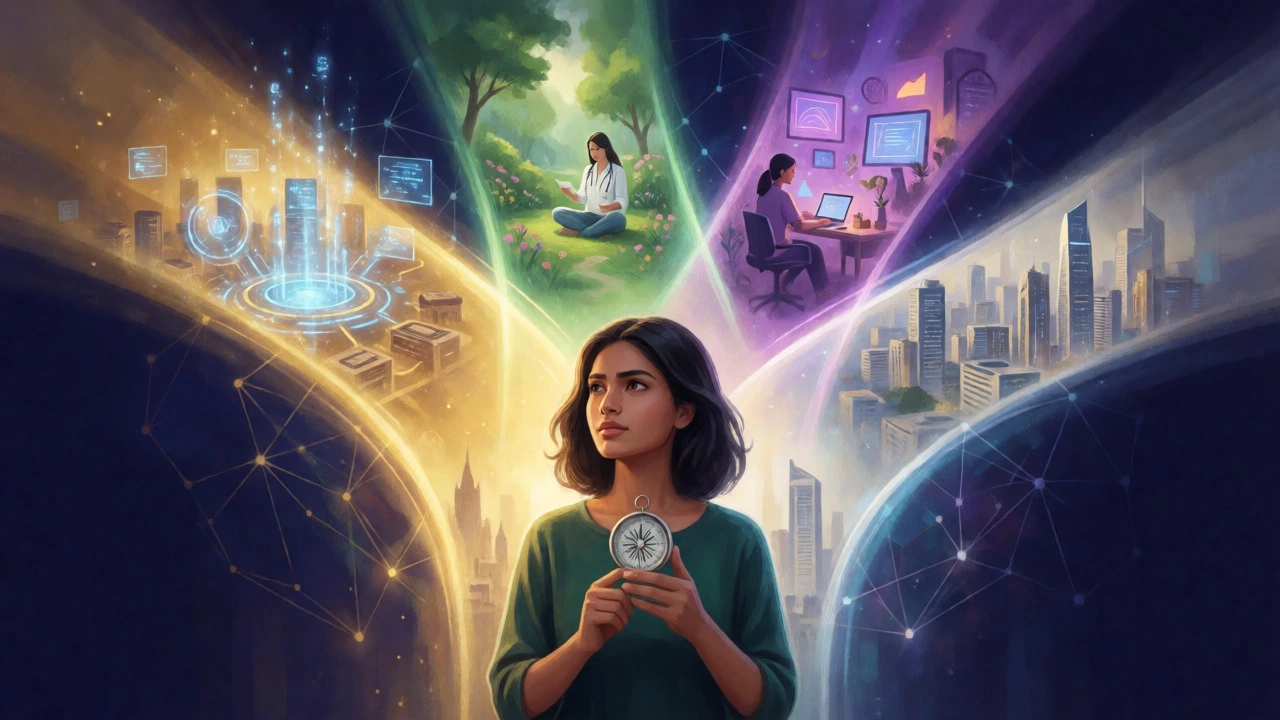 Woman choosing between tech, healthcare, creative, and finance career paths