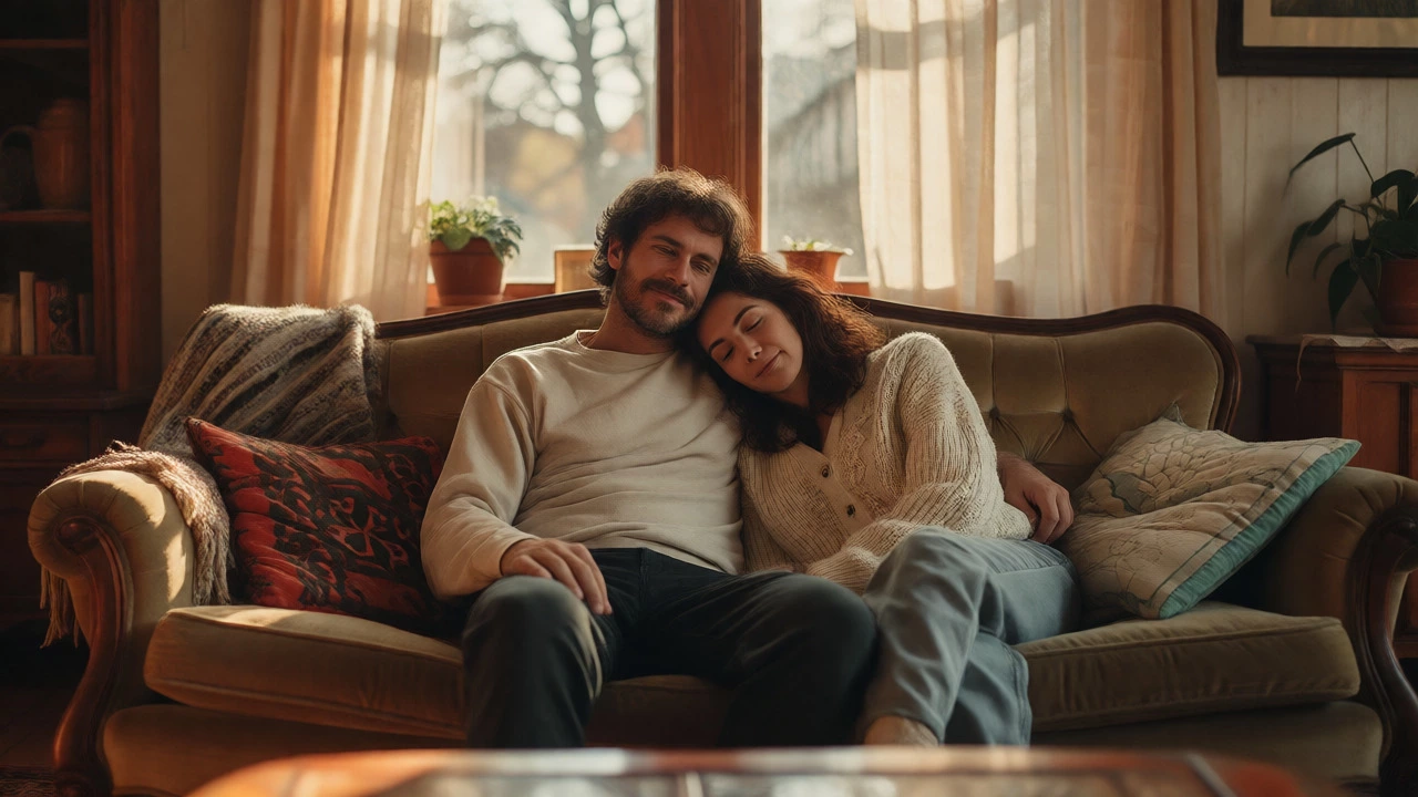 Intimate couple sitting closely on a sofa in a sunlit home
