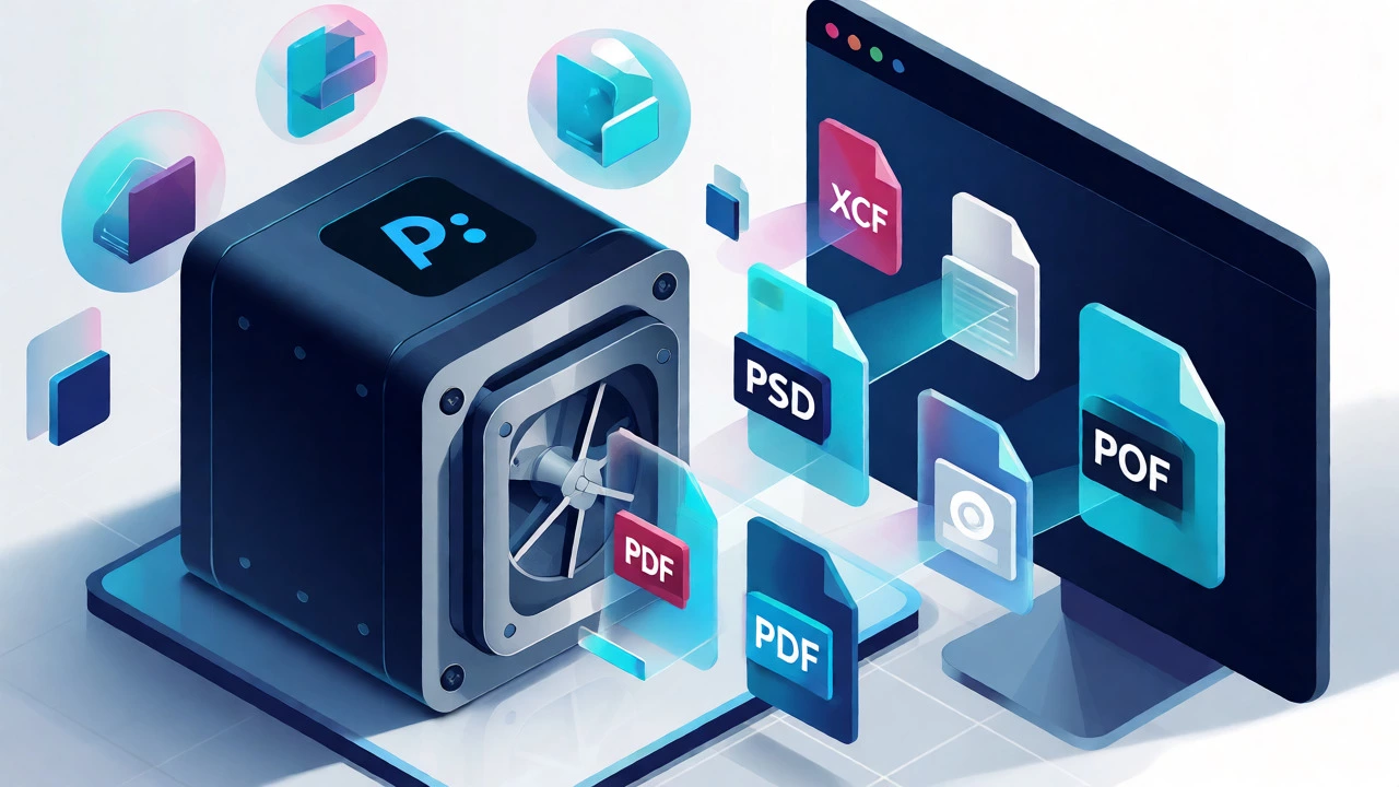 Isometric view of secure vault surrounded by floating file format bubbles