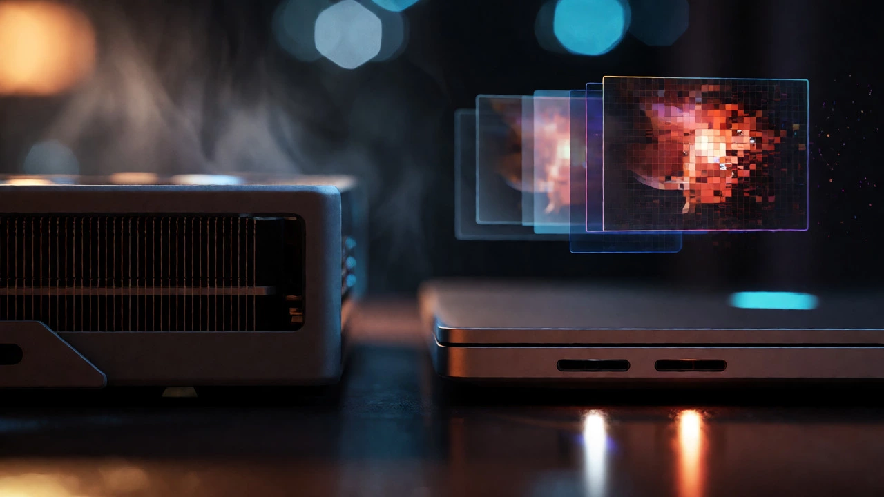 Macro shot of computer hardware with holographic image layers
