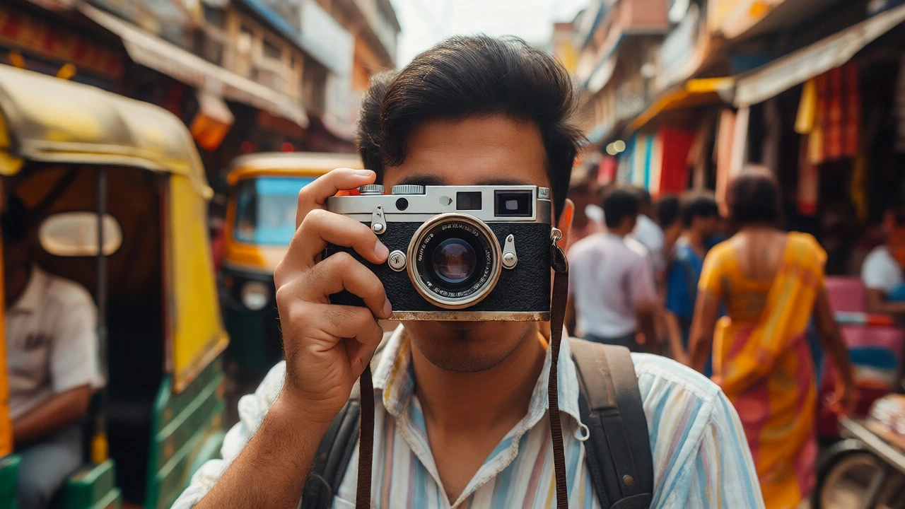 Photographer using a worn Leica rangefinder in a busy street