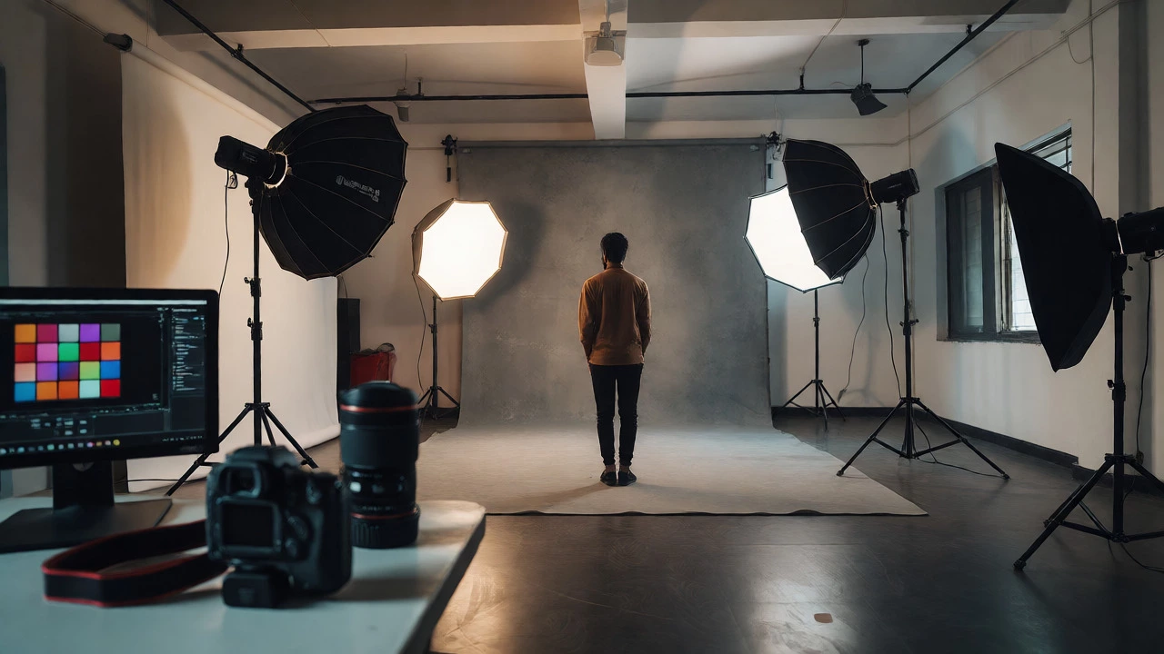 Professional freelance studio with strobes and calibrated monitor setup