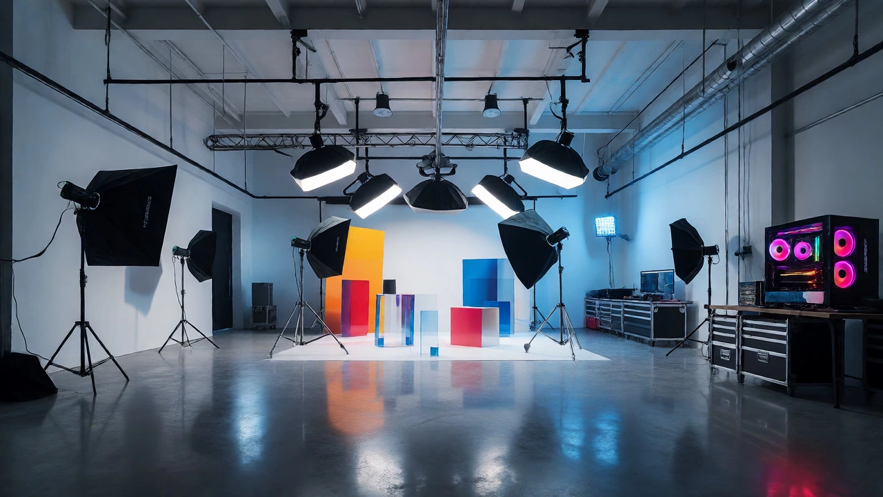 Spacious commercial photo agency with advanced lighting and editing station