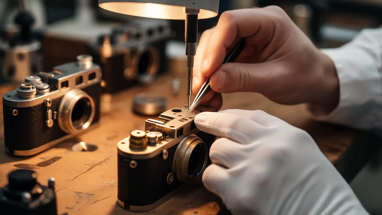 Technician hand-assembling a Leica camera mechanism with tools